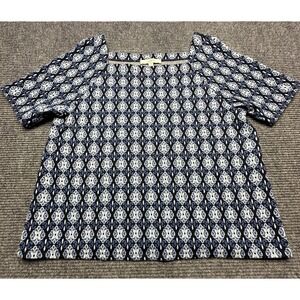 LOFT Shirt Womens XL Blue White Short Sleeve Patterned Pullover Top 70's‎ Retro